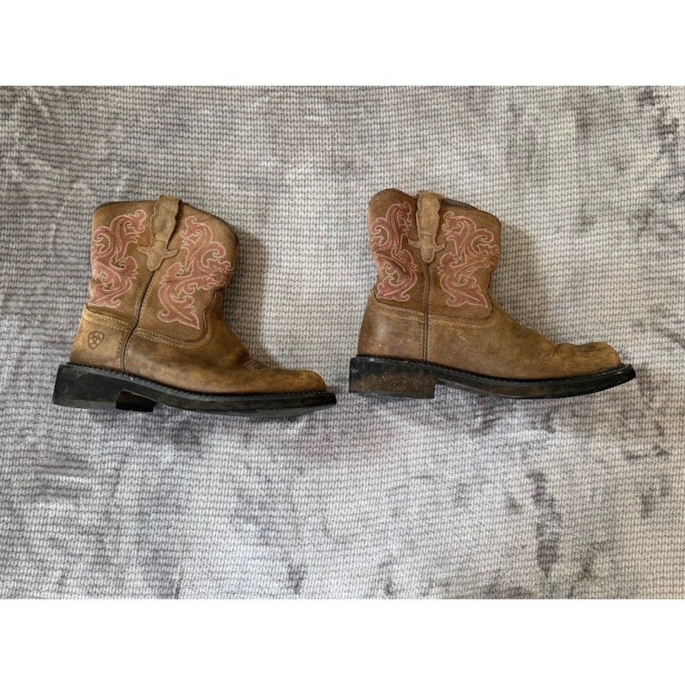Ariat Girls Fatbaby Brown Leather Pink Embroidery Western Cowboy Boots Round Toe